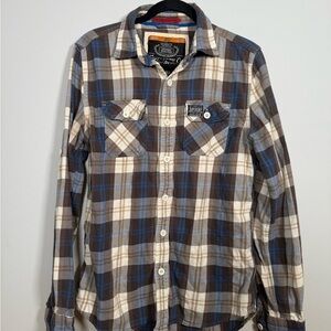 Superdry Japan Button Down Shirt Men's Medium Plaid Check Brown Blue Roll Tab